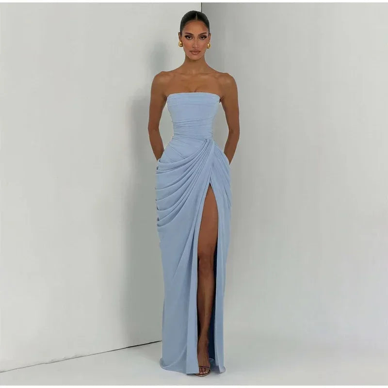 Elise Strapless Pleated Slit Maxi Dress