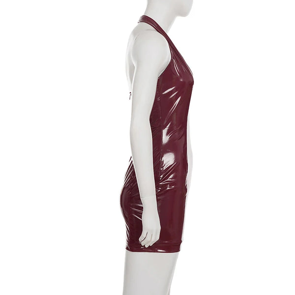 Evangeline Red PU Leather Deep-V Mini Dress