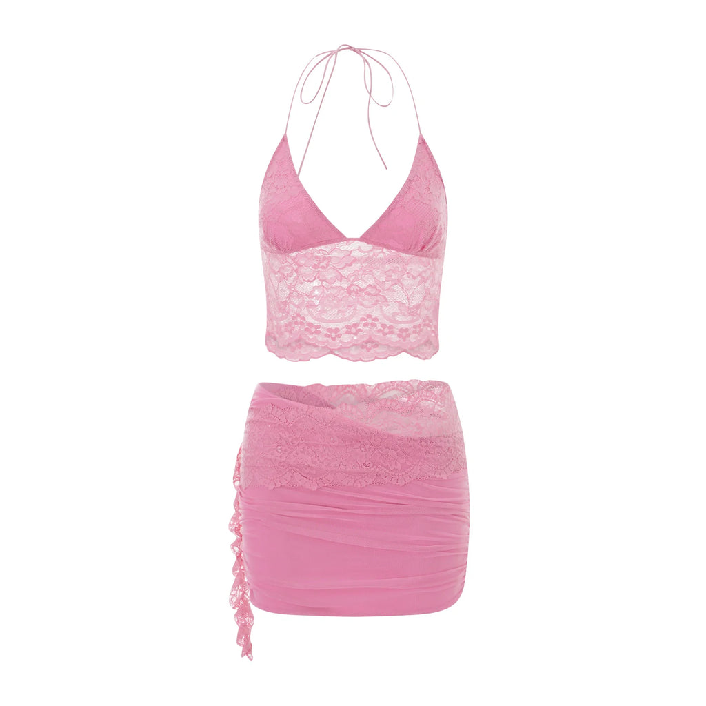hirigin Sexy Lace Two Piece Set Women Outfit Halter Neck Backless Crop Top And Bodycon Mini Skirt Female Club Party Dress Sets