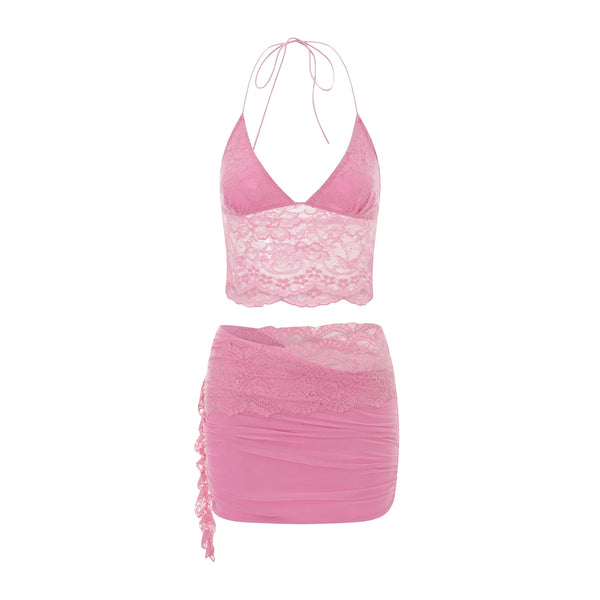 hirigin Sexy Lace Two Piece Set Women Outfit Halter Neck Backless Crop Top And Bodycon Mini Skirt Female Club Party Dress Sets