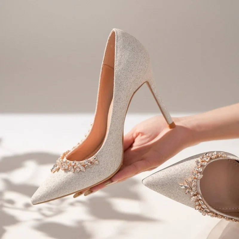 2025 New French Stiletto Heels Pointy Head Shallow Mouth Shoes Rhinodiamond-Edged Korean Version White Crystal Wedding Pumps