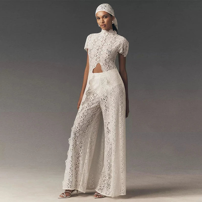 Fiora Sheer Floral-Lace Wide-Leg Pants Set Two-piece