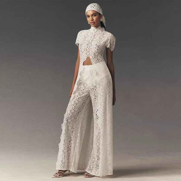 Fiora Sheer Floral-Lace Wide-Leg Pants Set Two-piece