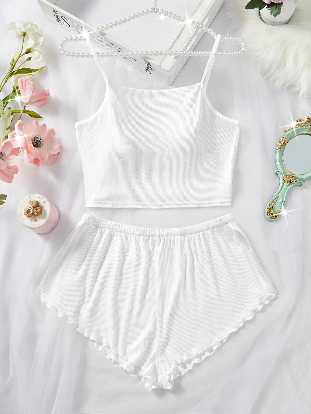 Pernilla Ribbed Cami & Ruffle-Trim Shorts Pajama Set Two-piece