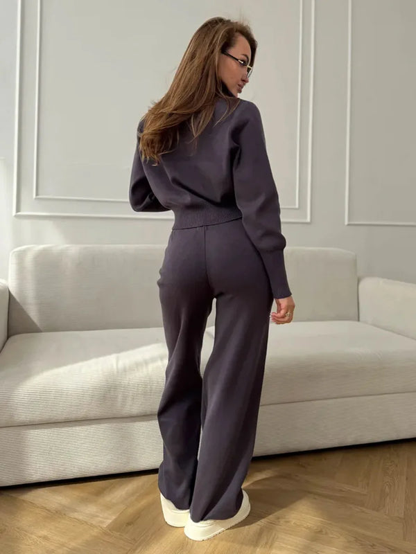 Sigourney Knit Zip-Up Cropped Cardigan & Wide-Leg Pants Two-Piece Set