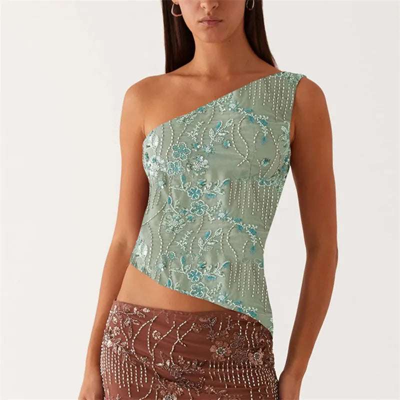 hirigin Women Y2k Sequin Sparkle Crop Tops Sexy One Shoulder Asymmetrical Backless Tank Top Glitter Beaded Rhinestone Slim Shirt