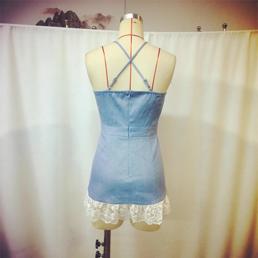 Adelais Lace-Trim Denim A-Line Mini Dress