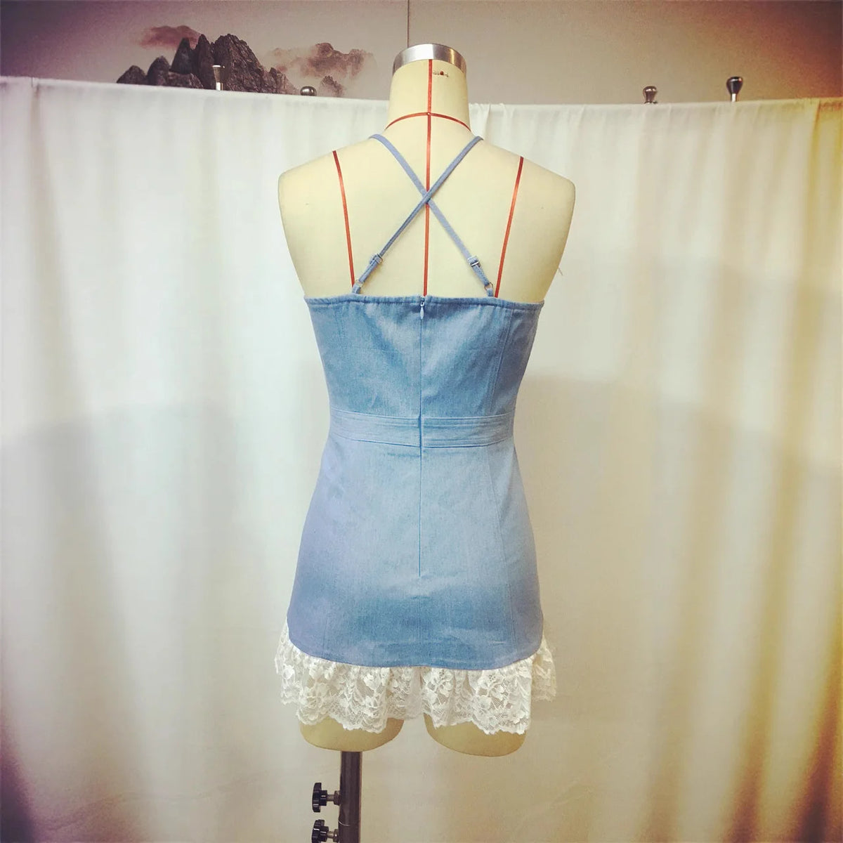 Adelais Lace-Trim Denim A-Line Mini Dress