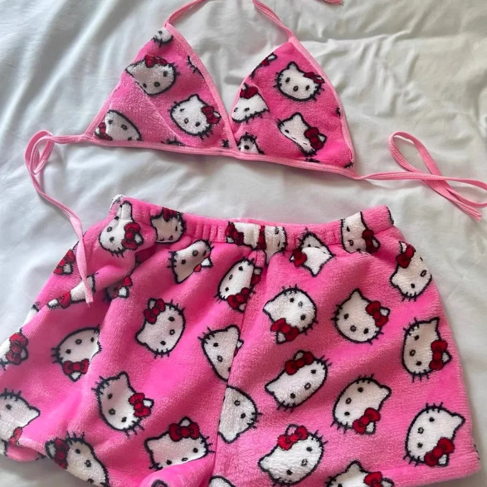 Hello Kitty ladies Pajama Two Piece Sanrio Anime Kawaii Women Home Underwear Cute Summer Beachwear Bra Shorts Girl Bikini