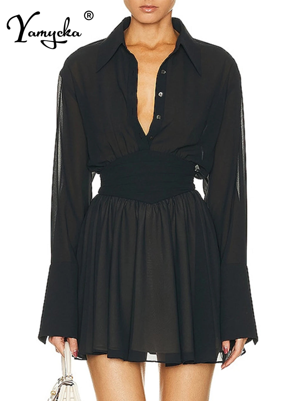 Geneva Sheer Long-Sleeve Chiffon Shirt Mini Dress