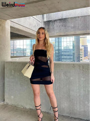 Aria Noir Strapless Sheer Mesh Bodycon Mini Dress