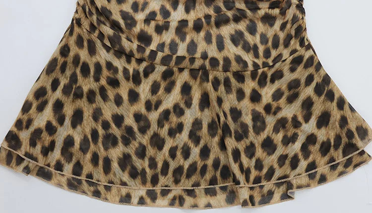 Teodora Leopard Ruched Cami Ruffle-Hem Mini Dress