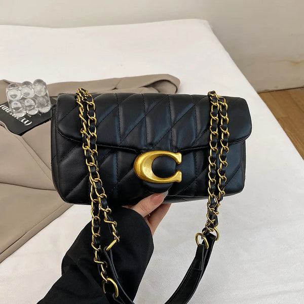 Women Quilted Leather Shoulder Bag Luxury C Logo Gold Chain Crossbody Bag Designer Small Flap Handbag Vintage Black Evening Clut