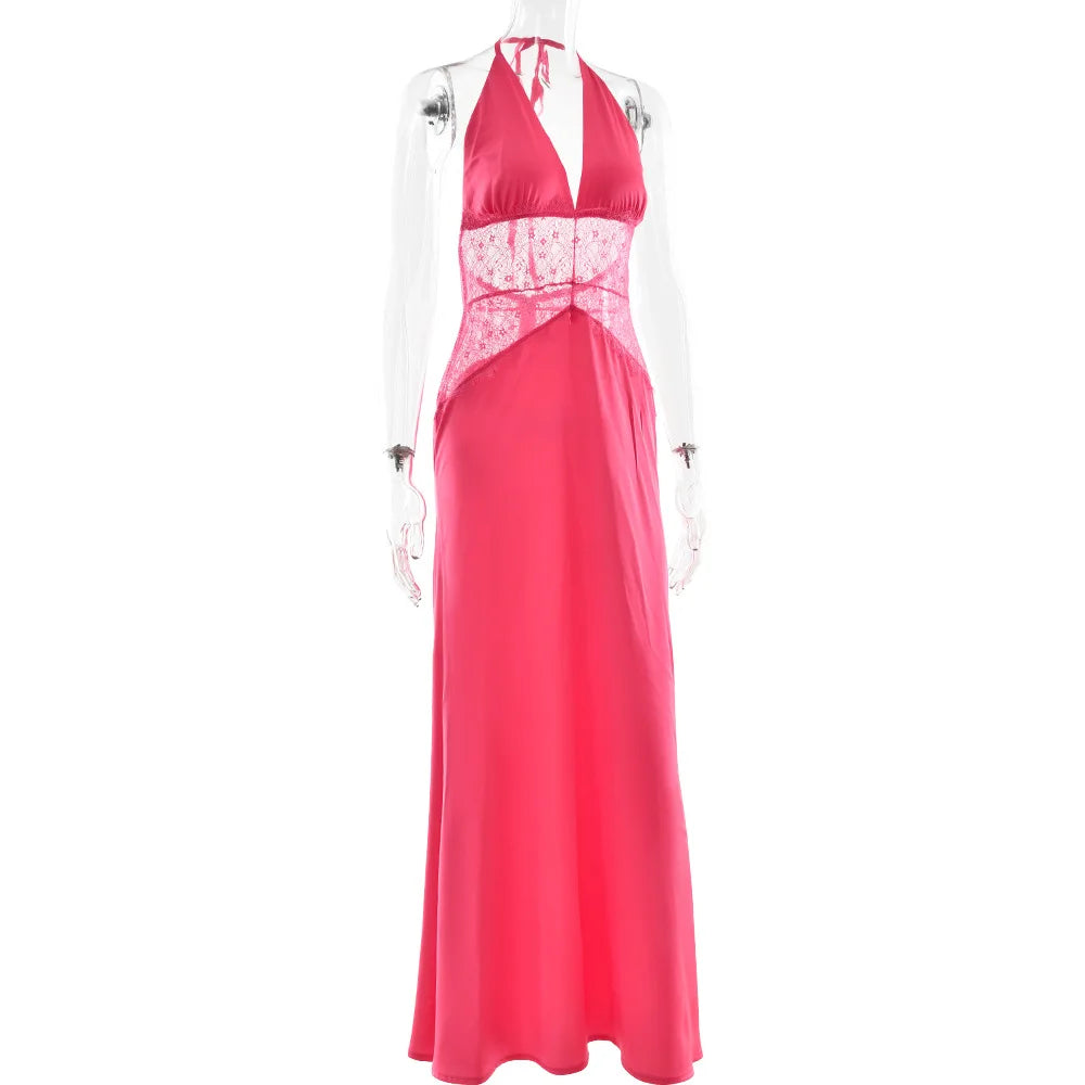 Pervinca Lace-Panel Satin Plunge Halter Backless Maxi Dress