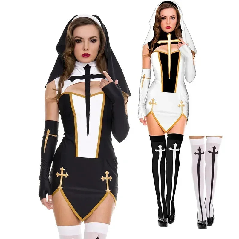 Benedetta Nun Cosplay Costume Set with Headpiece, Gloves & Stockings