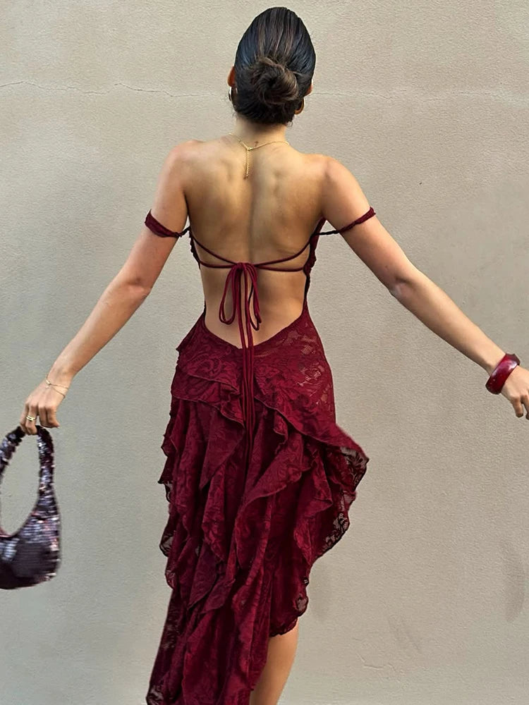 Nibber Sexy rregular Tierred Dress Women Mesh Patchwork Slash Neck Lace-Up Backless Midnight Banquet Party Elegant Long Bodycon