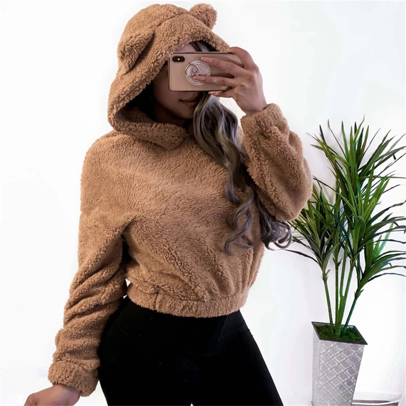 Bryony Fluffy Bear-Ears Cropped Hoodie One-piece