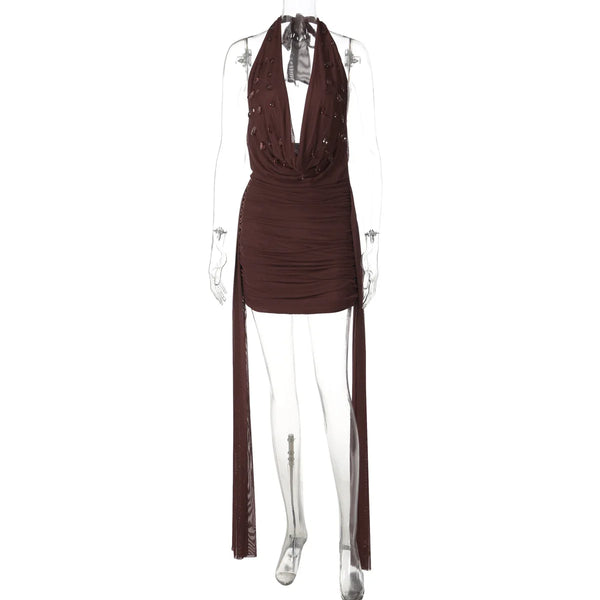 Roxana Beaded Deep-V Halter Mini Dress