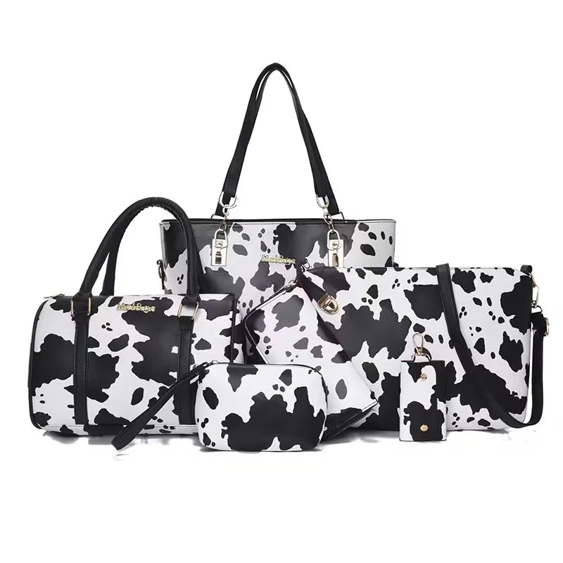 6-piece PU Fashion Cow-pattern Tote Bag Set, Including Women's Shoulder Bags, Crossbody Bags and Anti-wrinkle Handbags