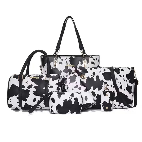 6-piece PU Fashion Cow-pattern Tote Bag Set, Including Women's Shoulder Bags, Crossbody Bags and Anti-wrinkle Handbags