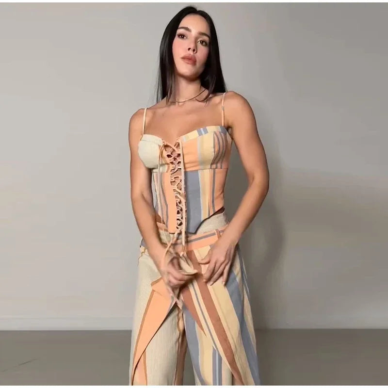 Valentina Striped Lace-Up Tube Top & Wrap Wide-Leg Pants Two-piece