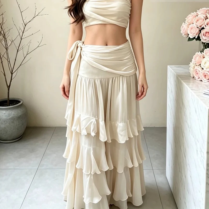 Leokadia Layered Ruffle Tiered Tie-Waist Side-Slit Maxi Skirt One-piece