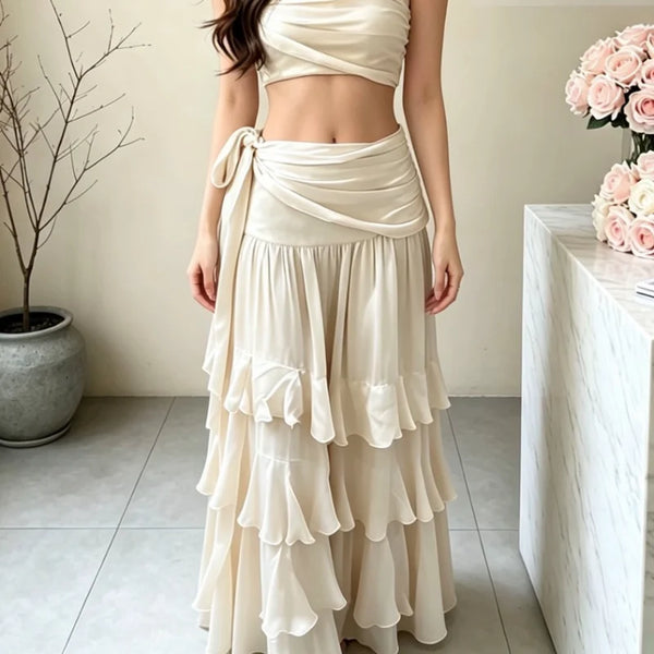 Leokadia Layered Ruffle Tiered Tie-Waist Side-Slit Maxi Skirt One-piece