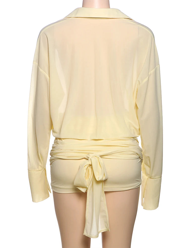 Liesbeth Sheer Button-Front Shirt Ruched Mini Dress