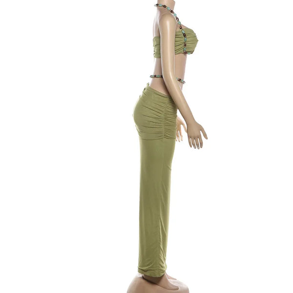Jade Beaded Halter High-Low Maxi Skirt Set Two-piece