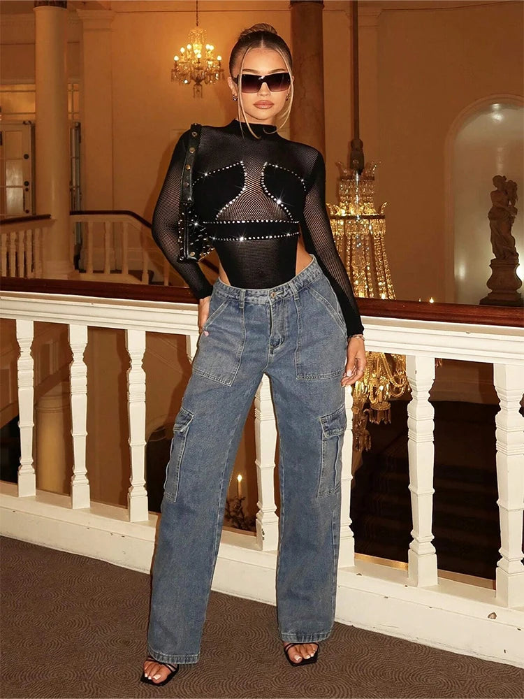 FHSEER 1pcs Women's Sexy Bodysuit Black Sheer Mesh Bodycon High Neck Long Sleeve Rinestone Embellished Club Party Outfit