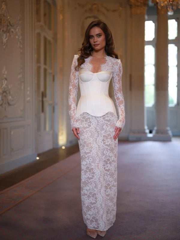 Whitney Lace Mesh Long-Sleeve Maxi Dress