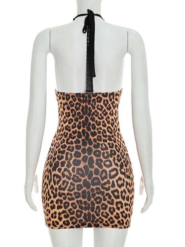 Zaria Leopard Mesh Halter Bodycon Mini Dress