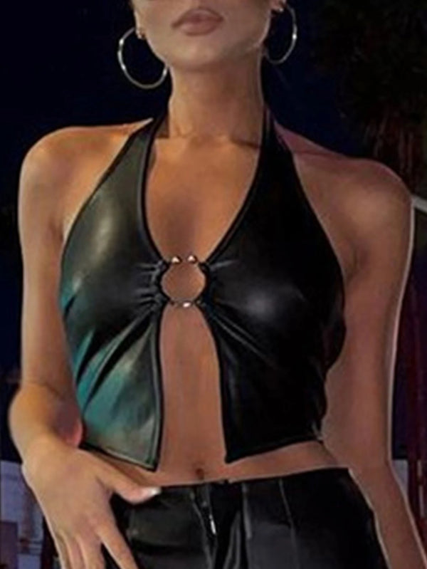 Sexy halter black leather corset Crop Top Women summer rave club Party Tank Top y2k streetwear PU womens Tops gothic clothes hot