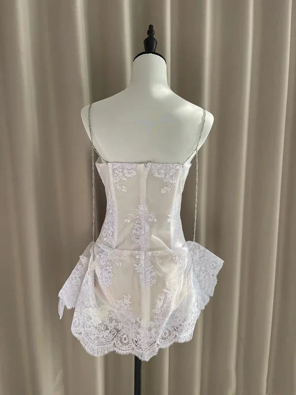 Valencia Butterfly Lace Chain-Strap Mini Dress