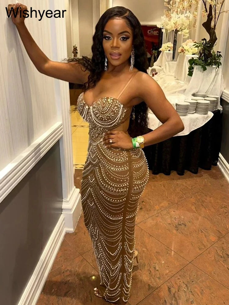 New Luxury Sparkly Crystal Rhinestone Pearl Celebrities Gown Brown Dress Woman Strap Evening Party Birthday Prom Wedding Vestido Secondary image