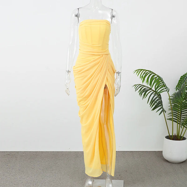 Marisol Strapless Pleated Split Maxi Dress