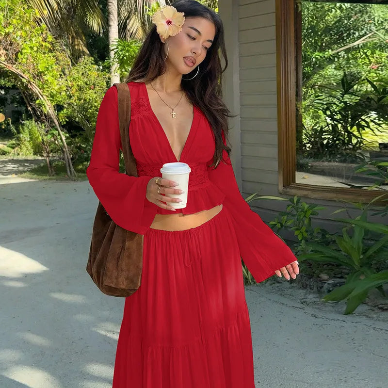 Aurelia Chiffon Lace Long-Sleeve Maxi Skirt Set Two-piece