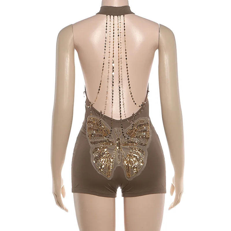 Mariposa Butterfly-Chain Halter Romper One-piece