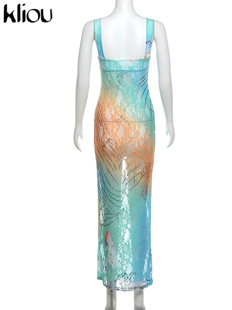 Wilhelmine Sheer Lace Gradient Print Cutout Cami Maxi Dress