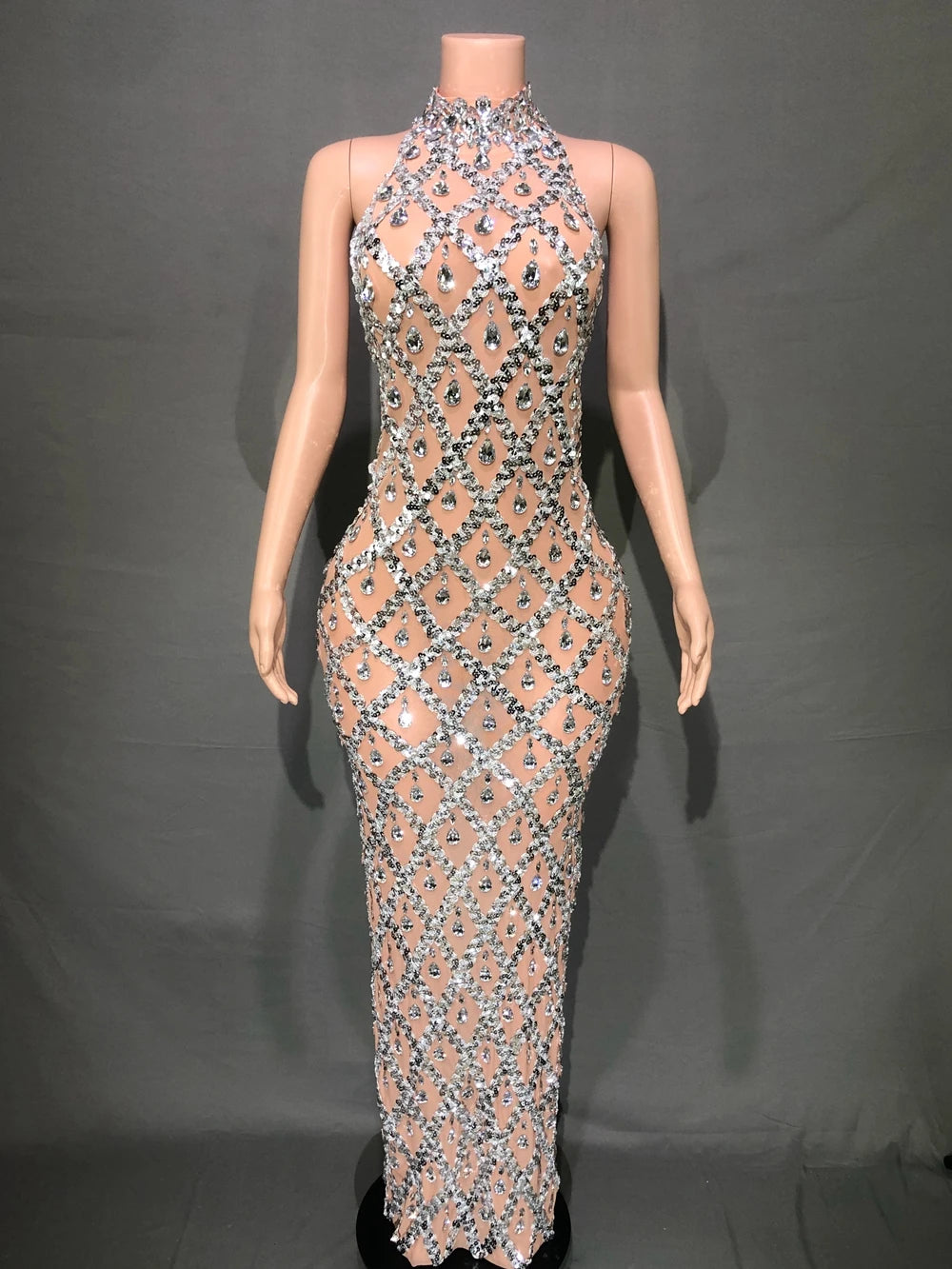 Domitilla Silver Crystal Sheer Mesh Mock-Neck Backless Maxi Gown