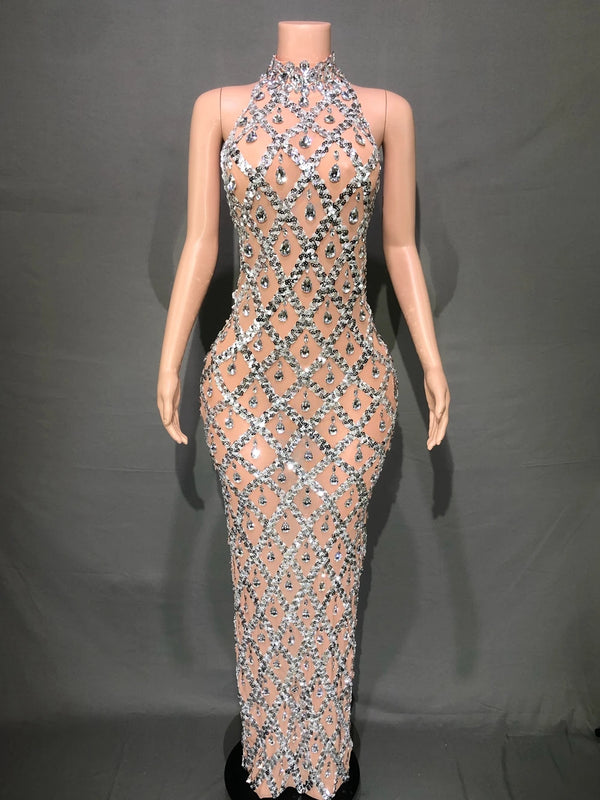 Domitilla Silver Crystal Sheer Mesh Mock-Neck Backless Maxi Gown