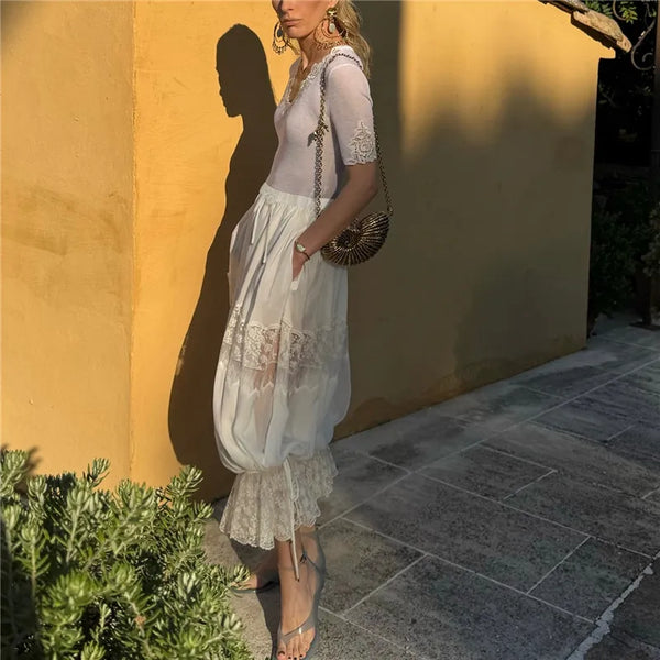 hirigin Women Long Lace Bloomers Casual Loose Fit Capris Stylish Solid Lace Floral Drawstring Mid Rise Crop Pants Y2K Streetwear