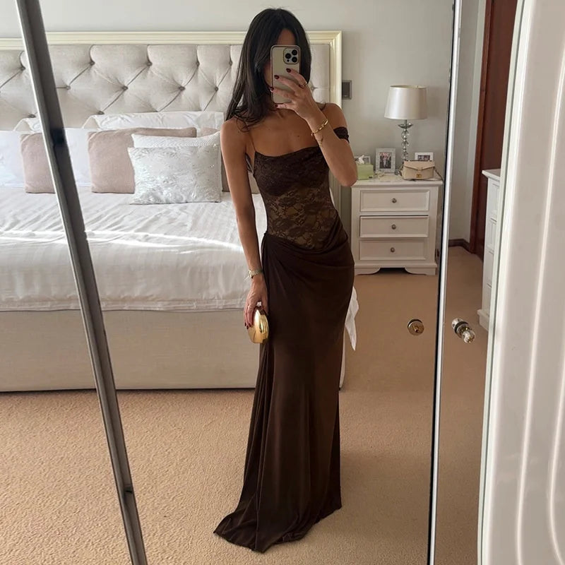 Valentina Cocoa Lace Draped Maxi Dress