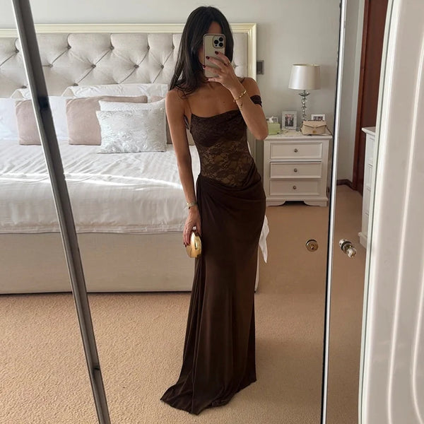 Valentina Cocoa Lace Draped Maxi Dress