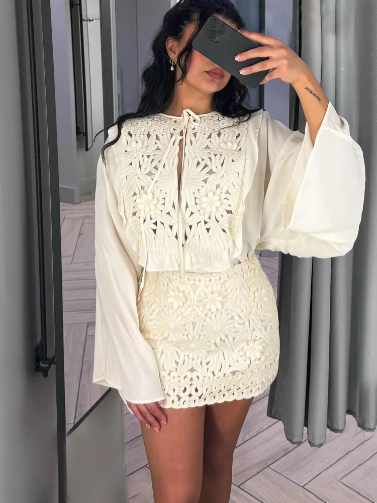 Evangelina Embroidered Lace Bell-Sleeve Tie-Neck Blouse & Mini Skirt Two-piece
