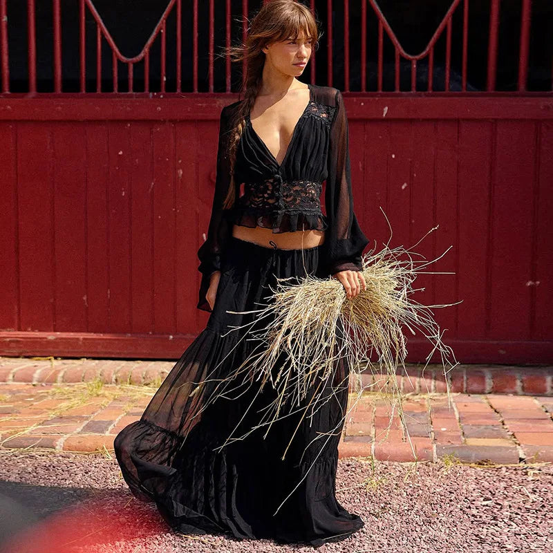 Aurelia Chiffon Lace Long-Sleeve Maxi Skirt Set Two-piece