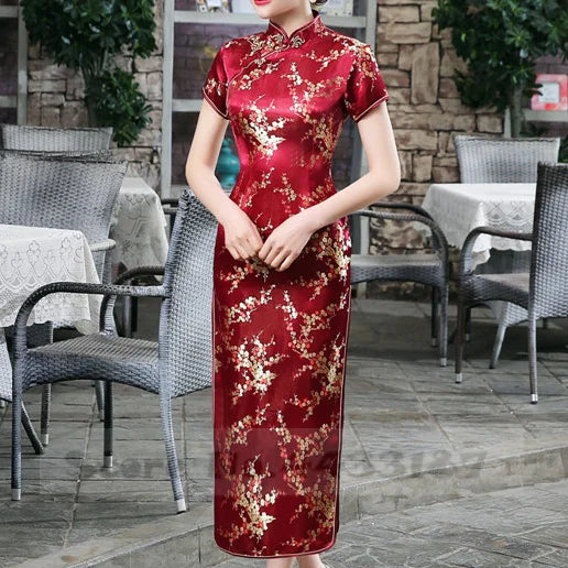 Feng Dragon-and-Phoenix Satin Qipao Maxi Dress