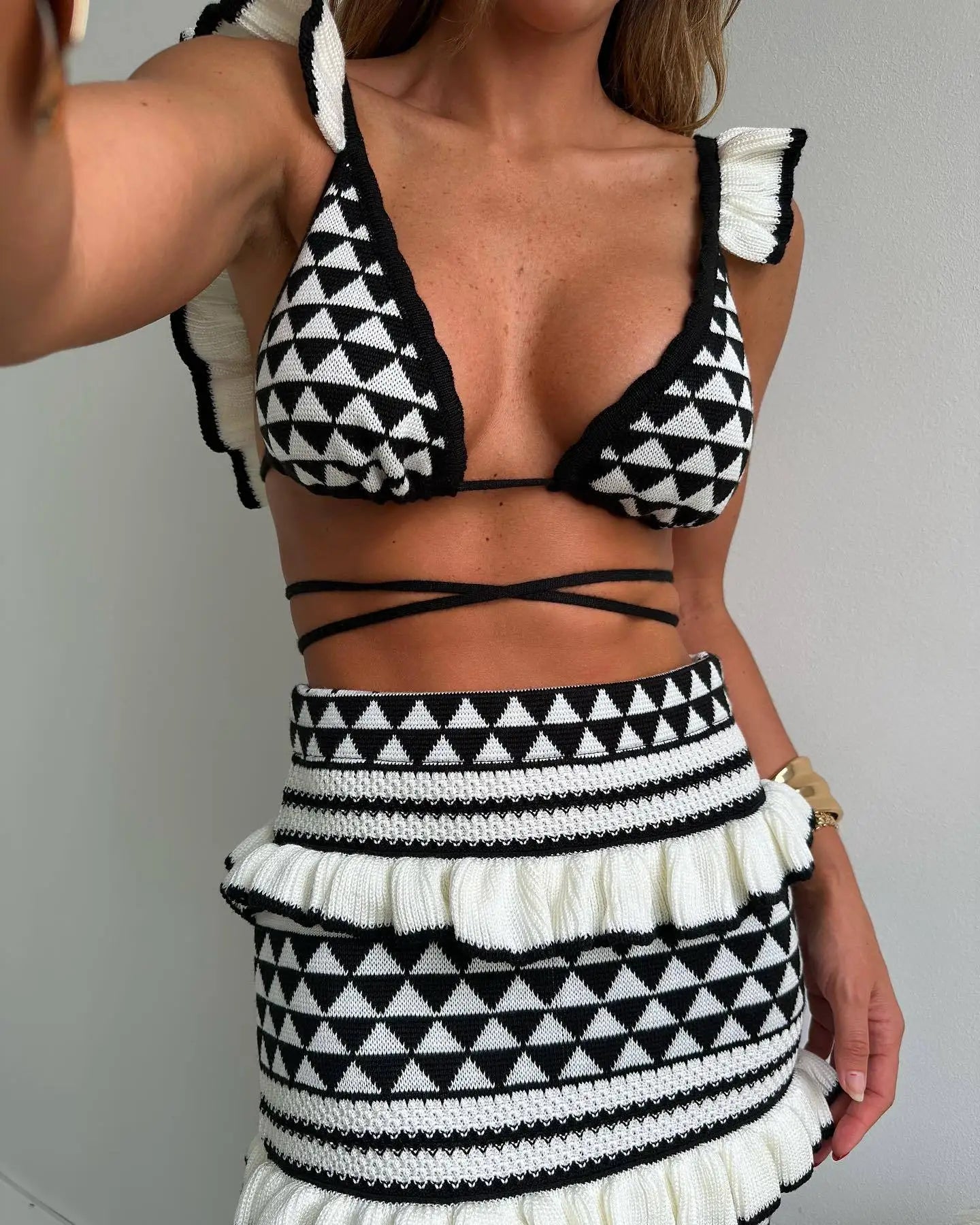 Aztec Ruffle Knit Maxi Skirt Set Two-piece