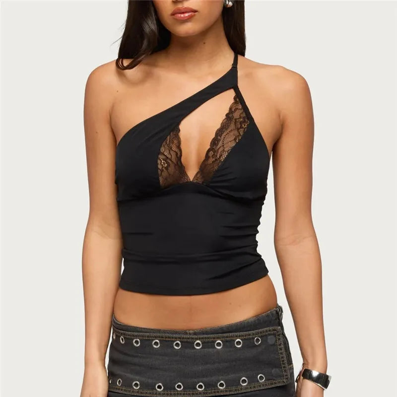 Zara Lace Asymmetric Halter V-Neck Cutout Crop Cami Top