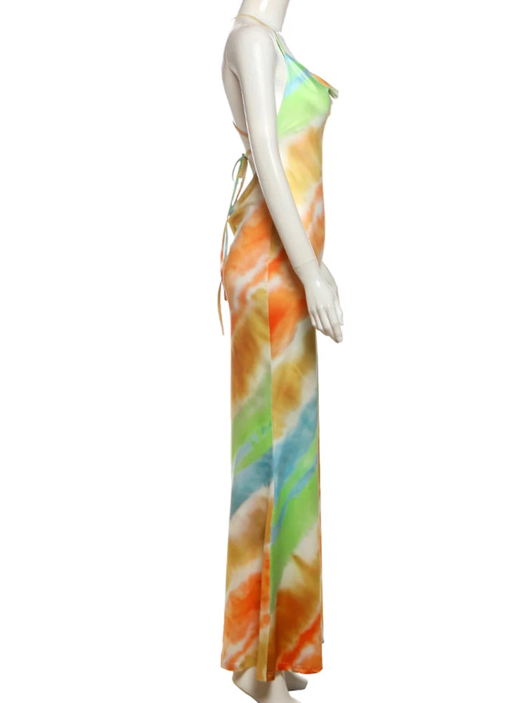 Clothilde Tie-Dye Satin Cowl-Neck Chain-Strap Backless Maxi Dress